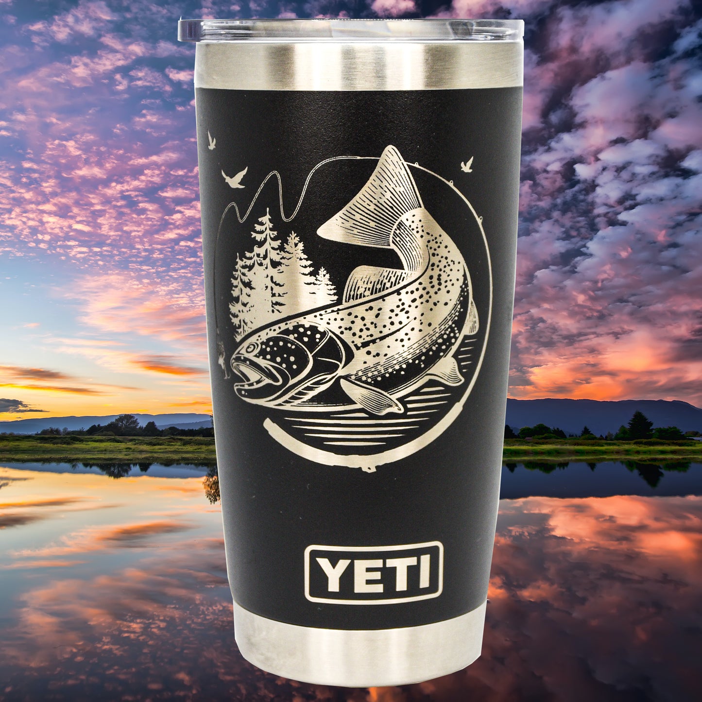 Trout with Rod Custom Engraved Tumbler or Bottle