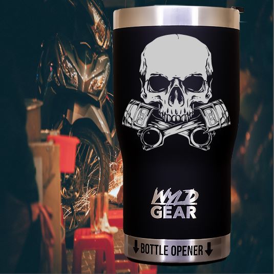 Skull and Cross Pistons Custom Engraved Tumbler or Bottle